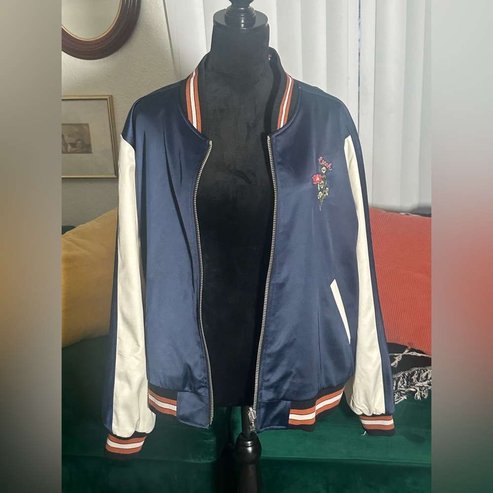 Coach reversible Navy and White Embroidered Bomber Jacket